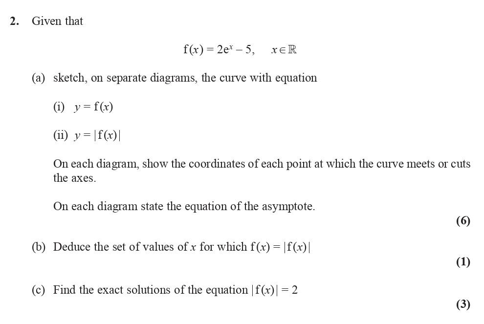 Given-that----$f(x)-=-2e^{x}---5,\quad-x-\in-\mathbb{R}$----(a)-sketch,-on-separate-diagrams,-the-curve-with-equation----(i)-$y-=-f(x)$----(ii)-$y-=-|f(x)|$----On-each-diagram,-show-the-coordinates-of-each-point-at-which-the-curve-meets-or-cuts-the-axes-Edexcel-A-Level Maths Pure-Question 2-2015-Paper 3.png